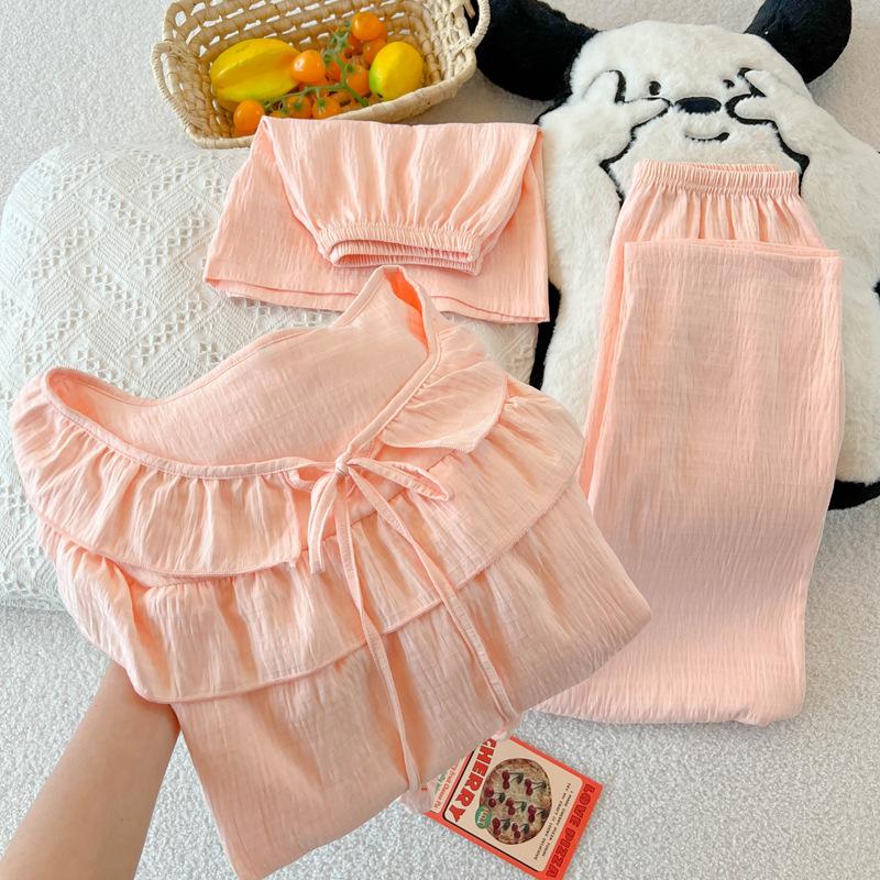 

Простая и свежая зеленая пижама в стиле французской принцессы с короткими рукавами, женская летняя одежда для дома из облачного хлопка, комплект из трех предметов 2XL