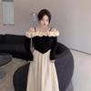 One-word Neck Splicing Contrasting Color Suspender Dress Women's Spring Season New French Sense Slim Waist Temperament Long
