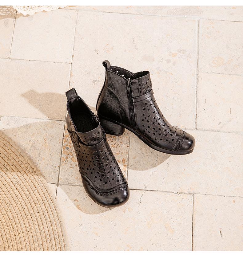 Letní retro vyřezávané kotníkové boty z hovězí kůže na robustním podpatku a se sandály s měkkou podrážkou pro ženy