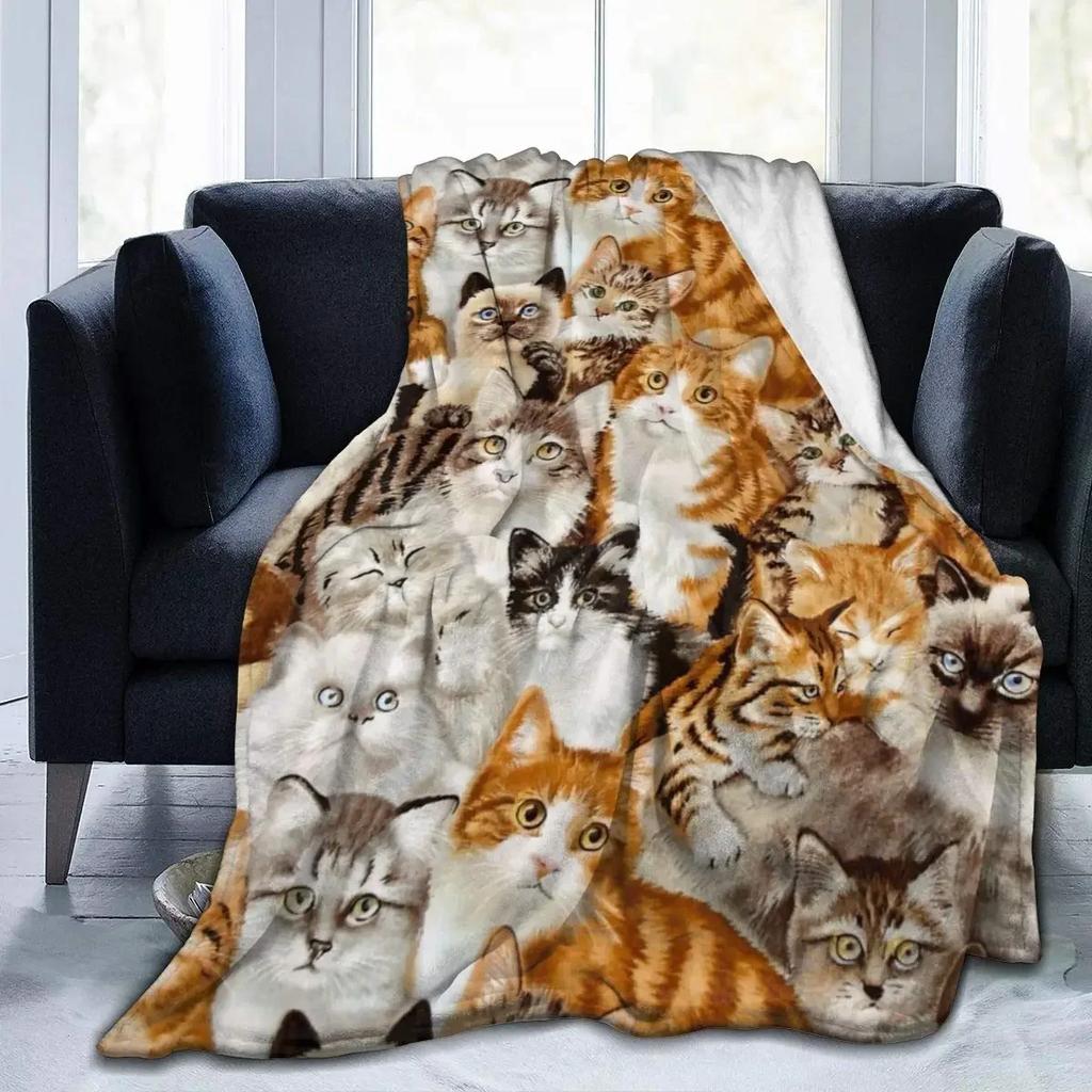 Cute Animal Cats Blanket Fleece Plush Throw Blankets Warm Bedspread Shawl for Bed Sofa Kitten Print Blanket Flannel Soft Cozy