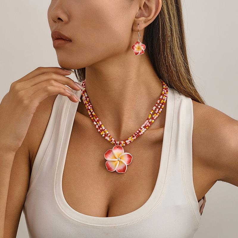 

Exquisite Ladies Jewelry Set Cute Fashion Seaside Beach Colorful Flower Earrings Girls Sweet Elegant Wax Rope Braided Necklace червоний