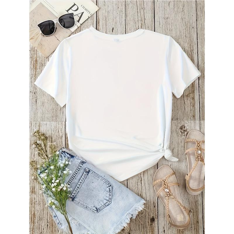 Europeisk Storlek Dam Casual Kortärmad T-shirt | Mjuk och Stretchig Rund Hals med Geometriskt Blommönster, Maskintvättbar Vit Topp