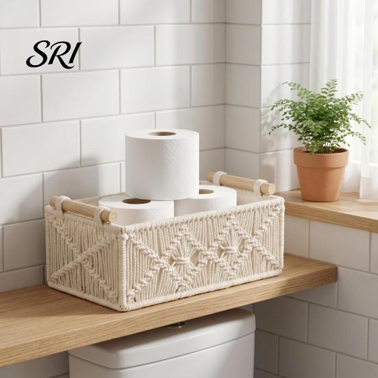 Neat Countertop Storage Box with Wooden Handles Large Capacity Basket Sturdy Frame Organizer Woven Design for Cosmetics And Sundries Space-saving