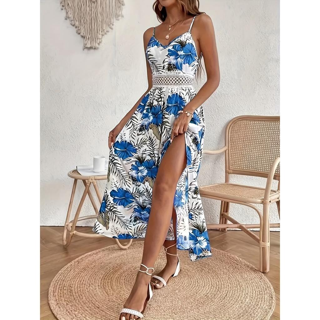 Damenkleid, Bedruckt, Träger-V-Ausschnitt, Häkelstich, Schlitzkleid, Geblümt, Bedrucktes Kleid