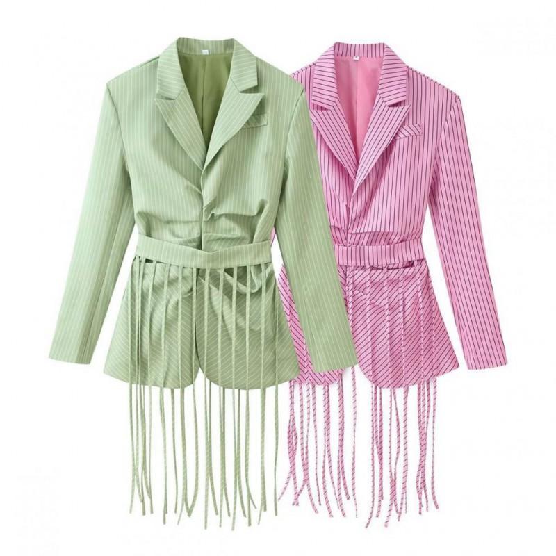 Womens Striped Collared Blazer With Detachable Fringe Belt Cotton Blend Korean Style Jacket