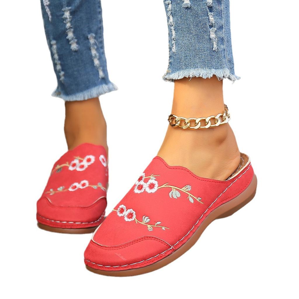 Ethnic style flower bag head slippers women's shoes European and American large size round head bag head wedge heel fashion outer wear embroidered h