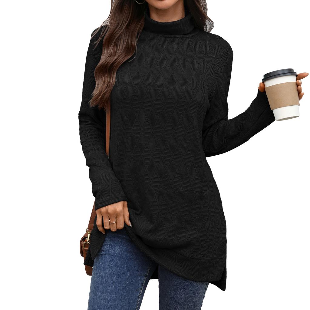 New Solid-color High-neck Loose Long-sleeved Slit T-shirt Top for Women In Autumn and Winter