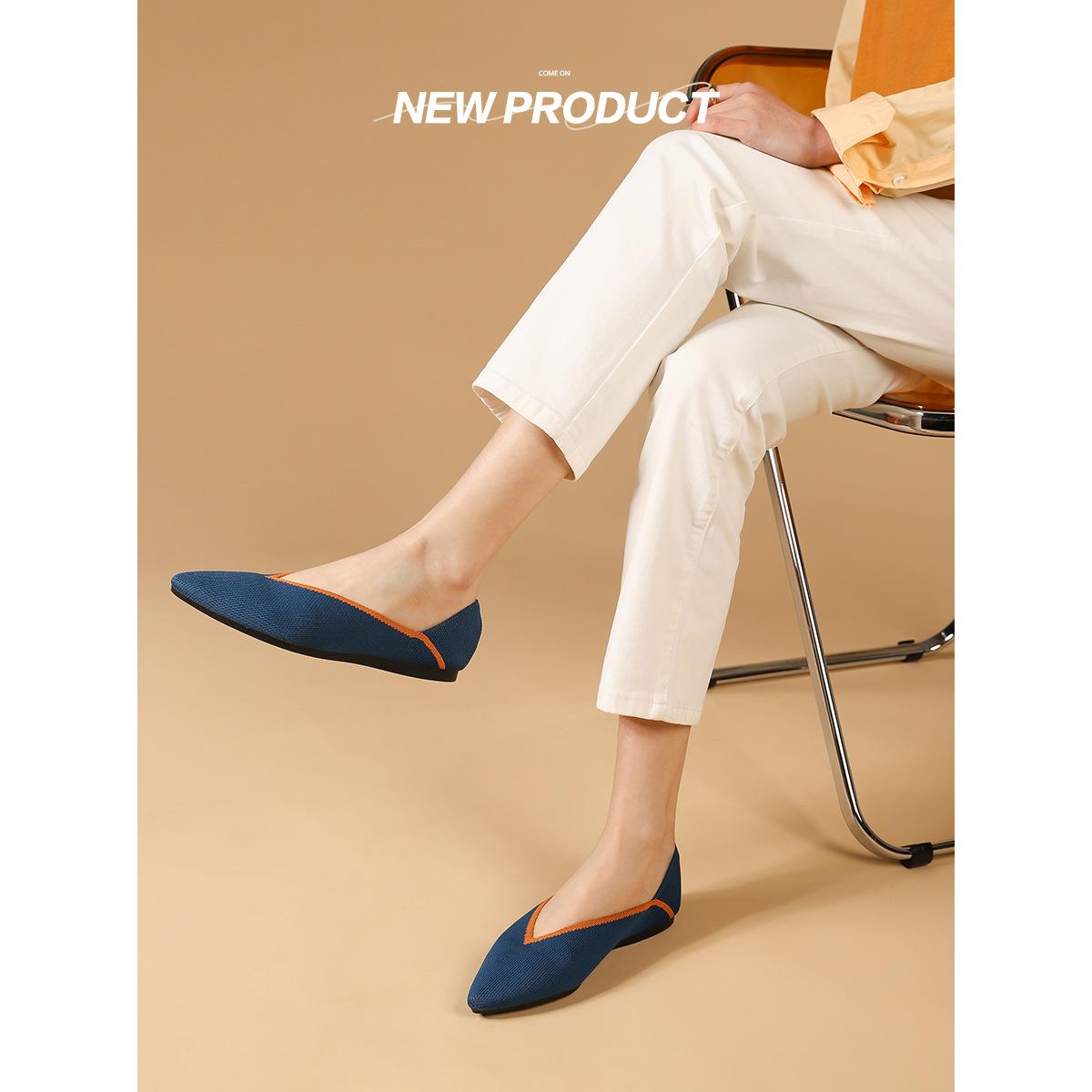 

Весна и лето остроносые трикотажные туфли с неглубоким горлом повседневные туфли на плоской подошве одинарные туфли женские 40 джинсовый синий