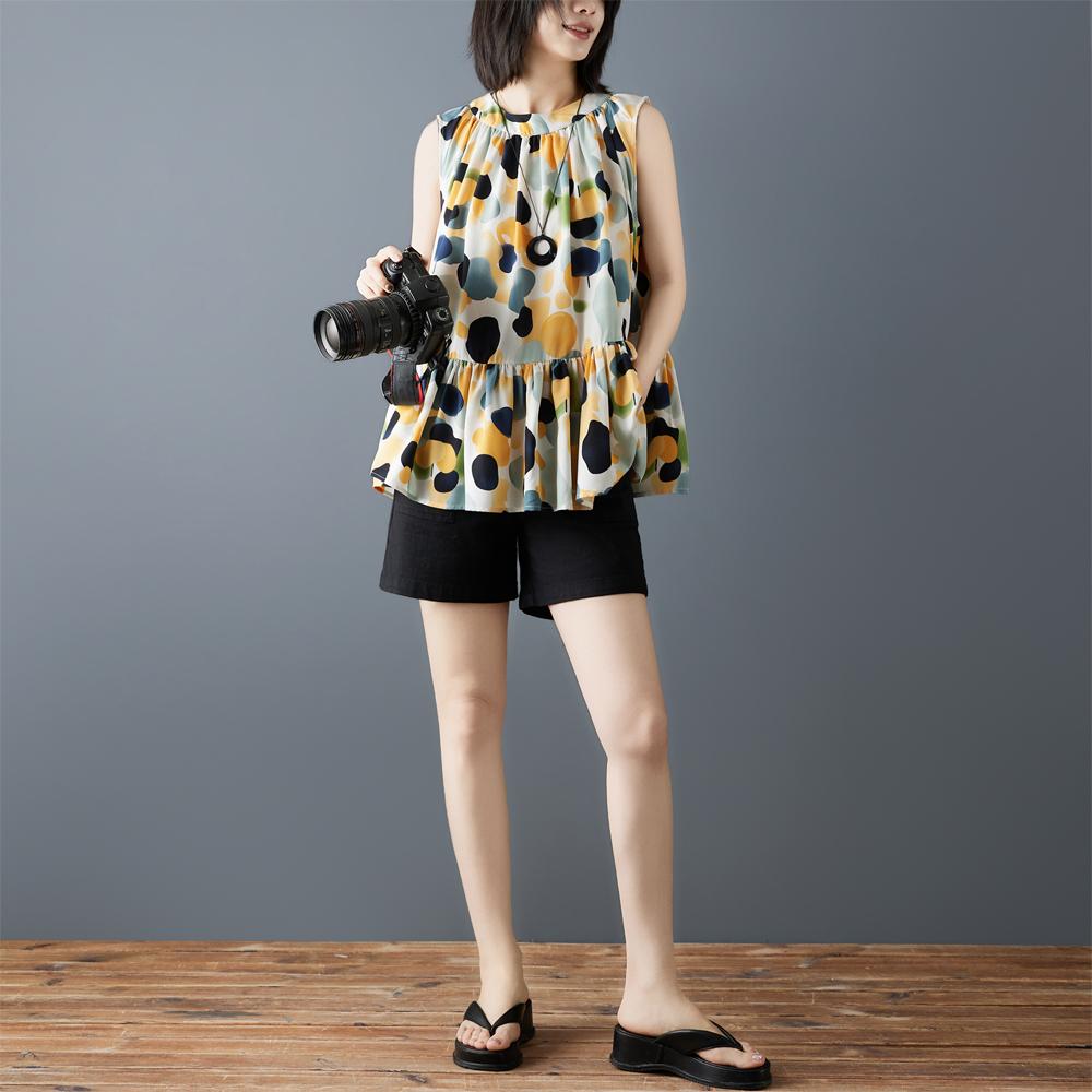 DIMANAF 2026 New Summer Plus Size Women Shirts Tees Casual Loose Blouse Print Sleeveless Lady Tops Pleated
