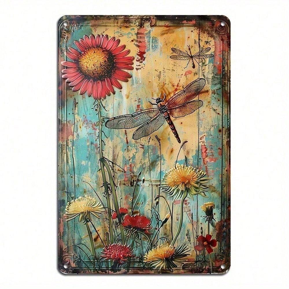 Vintage Wildflower Dragonfly Metal Wall Art 8x12 Inch Rustic Iron Hanging Decor for Home Garden Patio Cafe Bar Indoor Outdoor