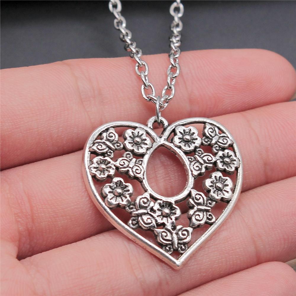 3D Hollow Heart Pendant Necklace Vintage Antique Silver Color Carved Heart Pendant Necklace For Women Long Metal Chain Necklace