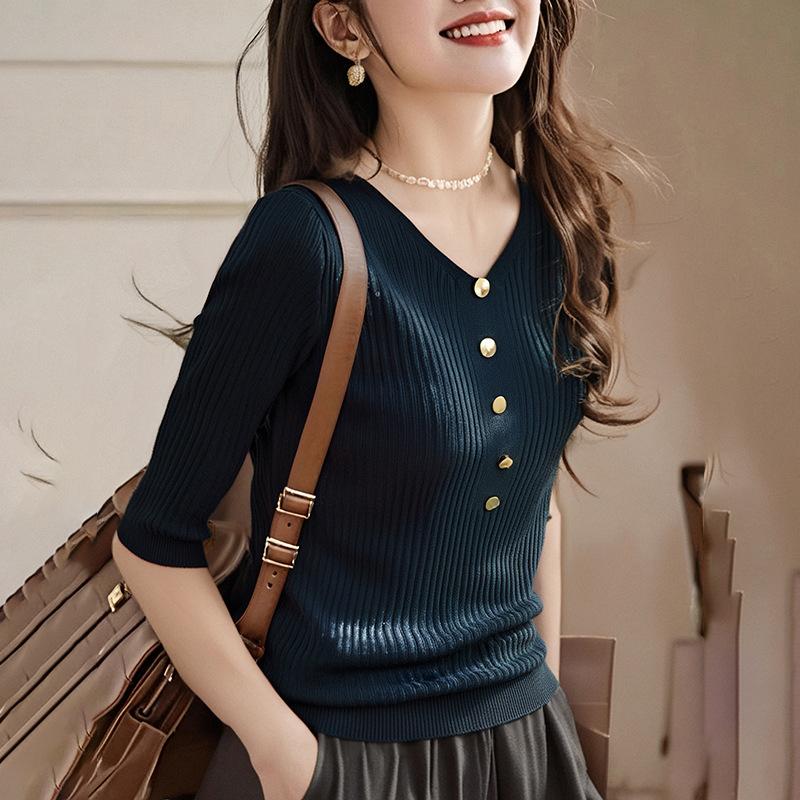 

Раннеосенний трикотажный свитер с рукавом три четверти, топ со средним рукавом, базовая рубашка one size fits all чёрный