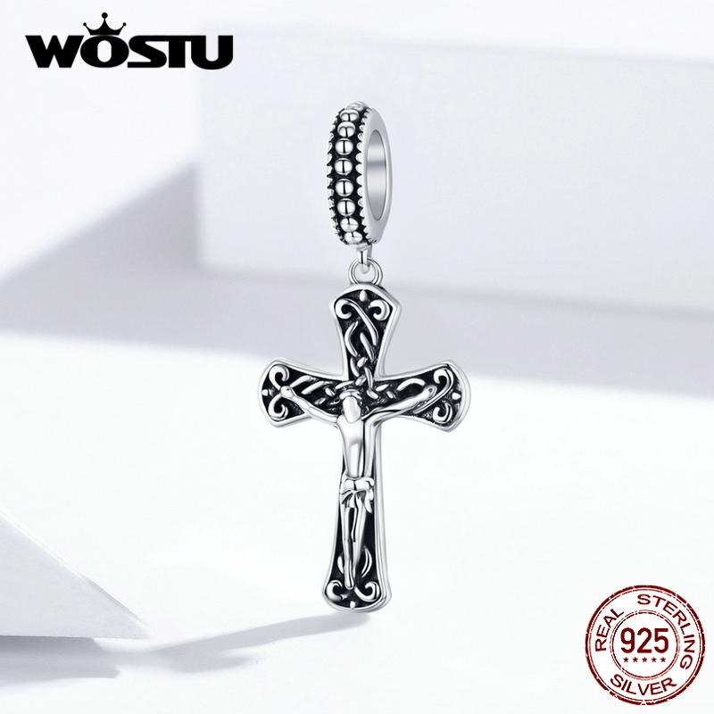 WOSTU 100% Real 925 Silver Cross Charm Zircon Bead Crosses Pendant Fit Original Bracelet DIY Necklace Religion Jewelry
