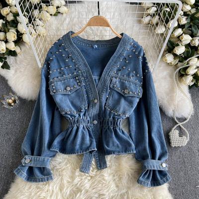 Autumn and Winter  Retro Design Sense of the New Loose Short Heavy Riveted Beads Loose Denim Jacket