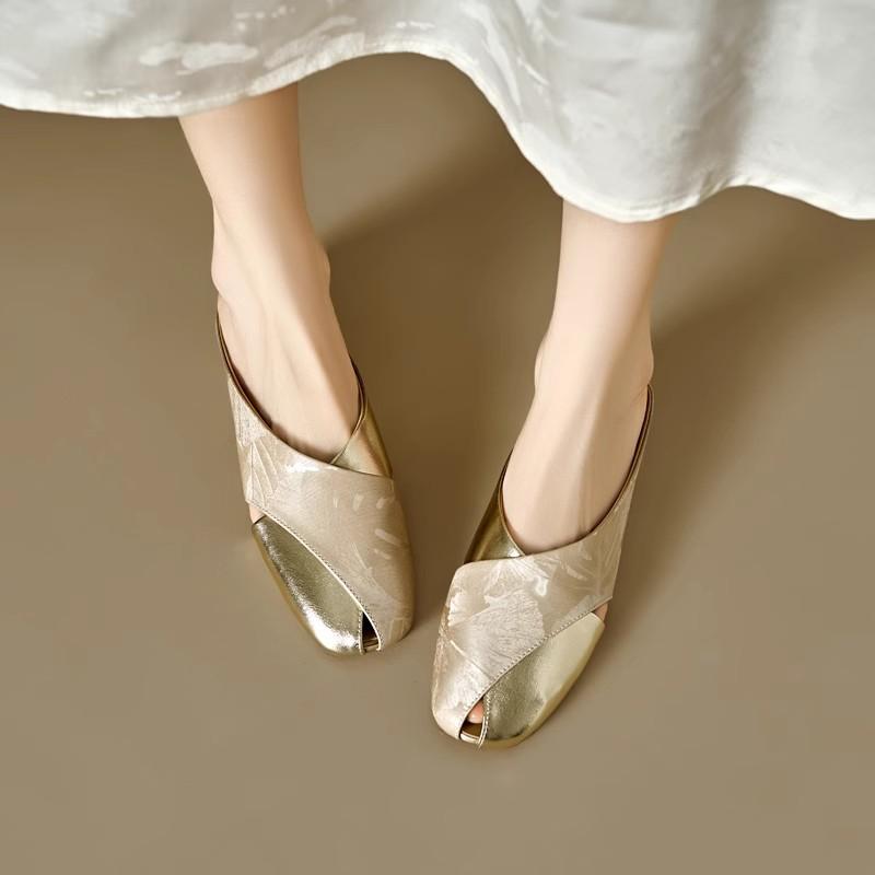 Fashion Women's Cover Toe Half Slippers Summer Soft Leather Printing Color Blocking Square Head Hollow Flat Slippers Female Mules New