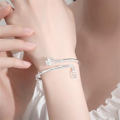 Fashion Blessing Bamboo Lotus Pendant Bangle For Lady Wrist Accessories Trendy 925 Sterling Silver Bangle Women Jewelry Open