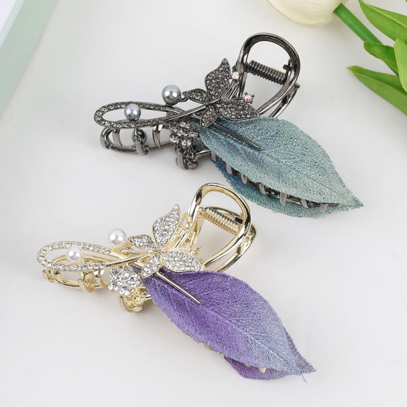 Shiny Rhinestone 10Cm Leaf Hair Claw Women Large Butterfly Flower Pearl Hair Shark Clip Exquisite Party Hair Accessories Gifts