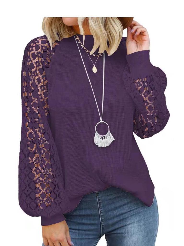2025 Women's Lace-Trimmed Round Neck Long-Sleeve Loose Top