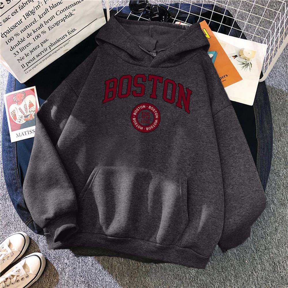 Boston City Us Gegründet 1630 Hoodies Damen Warm Bequeme Pullover Mode Lässig Damen Kapuzen Basic All Match Sweatshirt