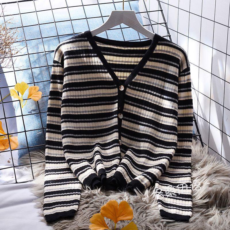 Dámský pruhovaný pletený kardigan v korejském stylu, s dlouhým rukávem, všestranný top, svetr jako svrchní oděv na jaro a podzim.