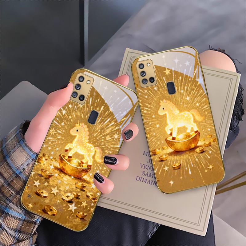 The shining golden pony For Samsung A 31 32 A33 A34 35 14 A15 13 A16 25 26 50 52 53 54 55 56 70 71 72 73 Golden glass phone case