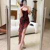 Sexy royal sister style red printing suspender dress, high-end women's summer slim waist irregular medium and long dress