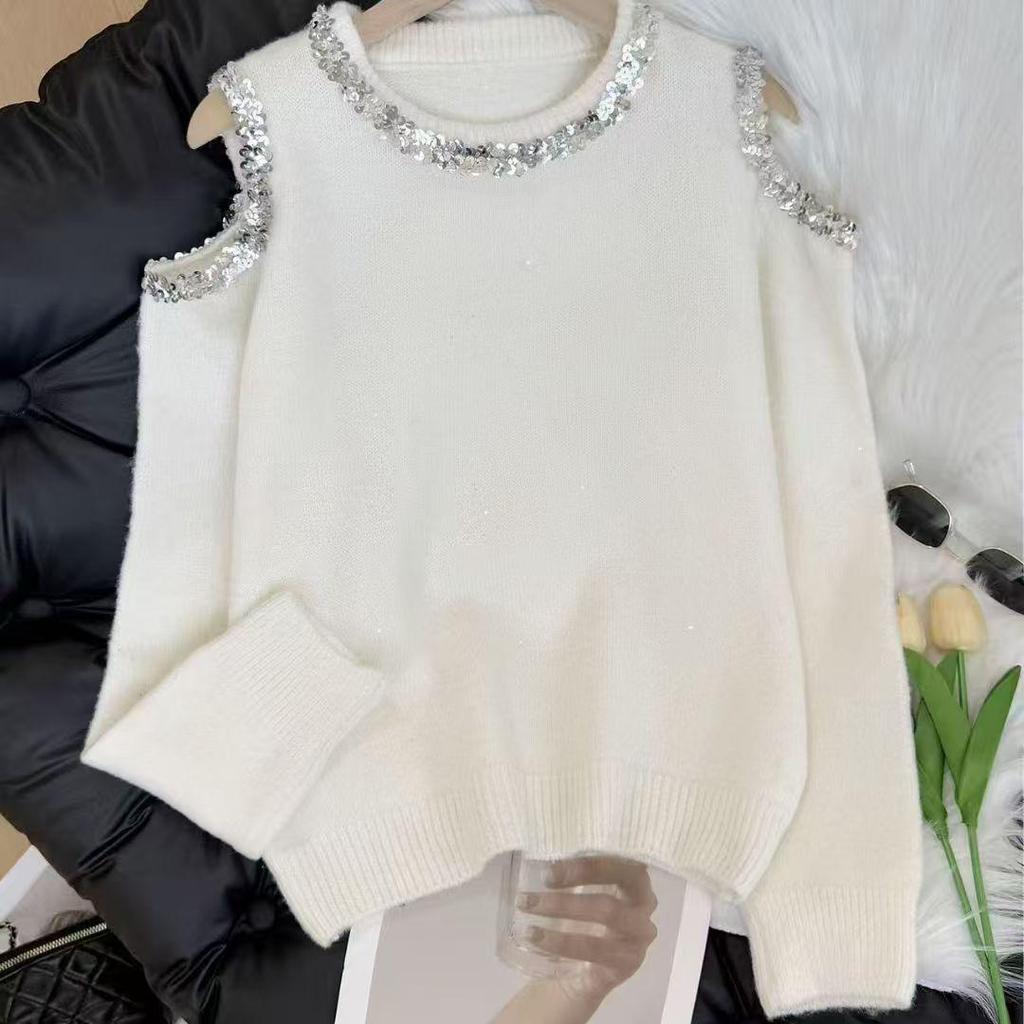 Autumn/Winter Elegant Pink Sequin Off-the-Shoulder Slimming Sweater for Women