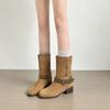 New Women's Shoes Niche Retro Hand Stitching Thick Heel Round Head Straight Boots Metal Belt Buckle Thick Heel Knight Boots