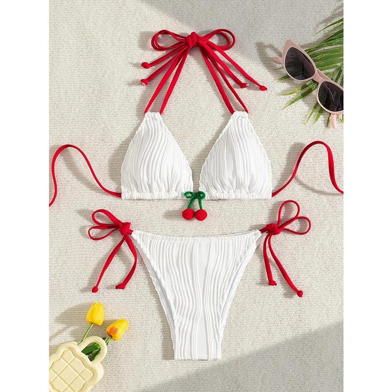 2026 Strawberry Designer Bikini Women Sexy White Contrast Push Up Micro Swimsuit Brazilian Bandage Bathing Suit Thong Swimwear