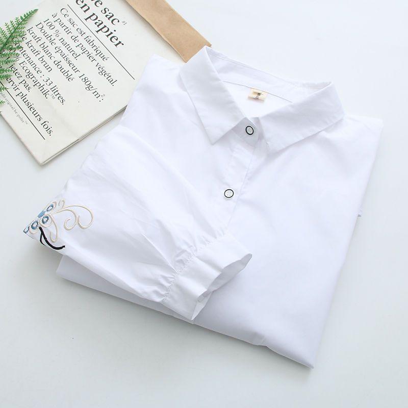 Spring Fashion Embroidered Shirt Women Stylish Loose Blouse with Lapel Collar