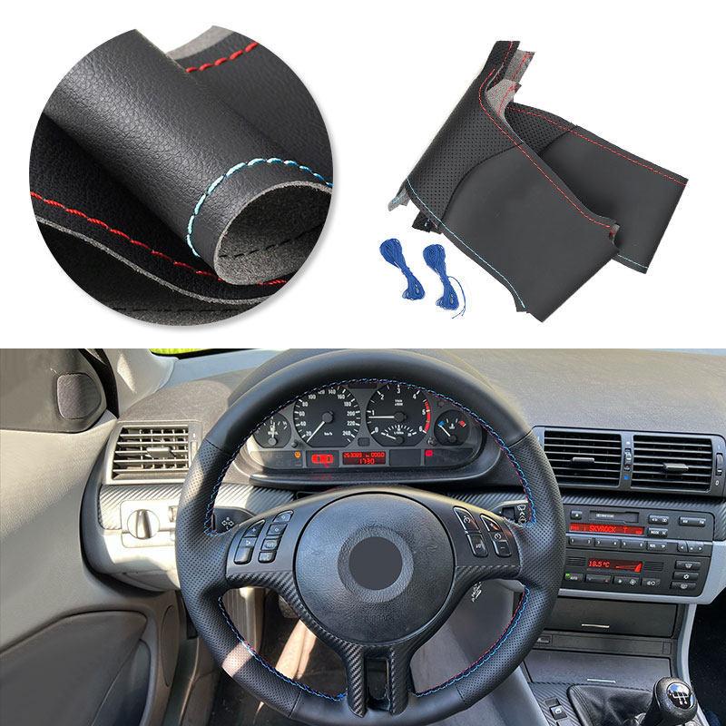 

For BMW 3 5 Ser E46 325i E39 X5 E53 Z3 E36 Car Accessories Braid Steering Wheel Cover Hand Sewing Black Leather red blue line