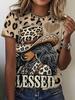 Summer Casual Vacation Women'S Short-Sleeve T-Shirt with Leopard Print Cowboy Hat And BLESSED Print Round Neck Top