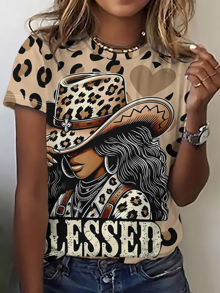 Summer Casual Vacation Women'S Short-Sleeve T-Shirt with Leopard Print Cowboy Hat And BLESSED Print Round Neck Top