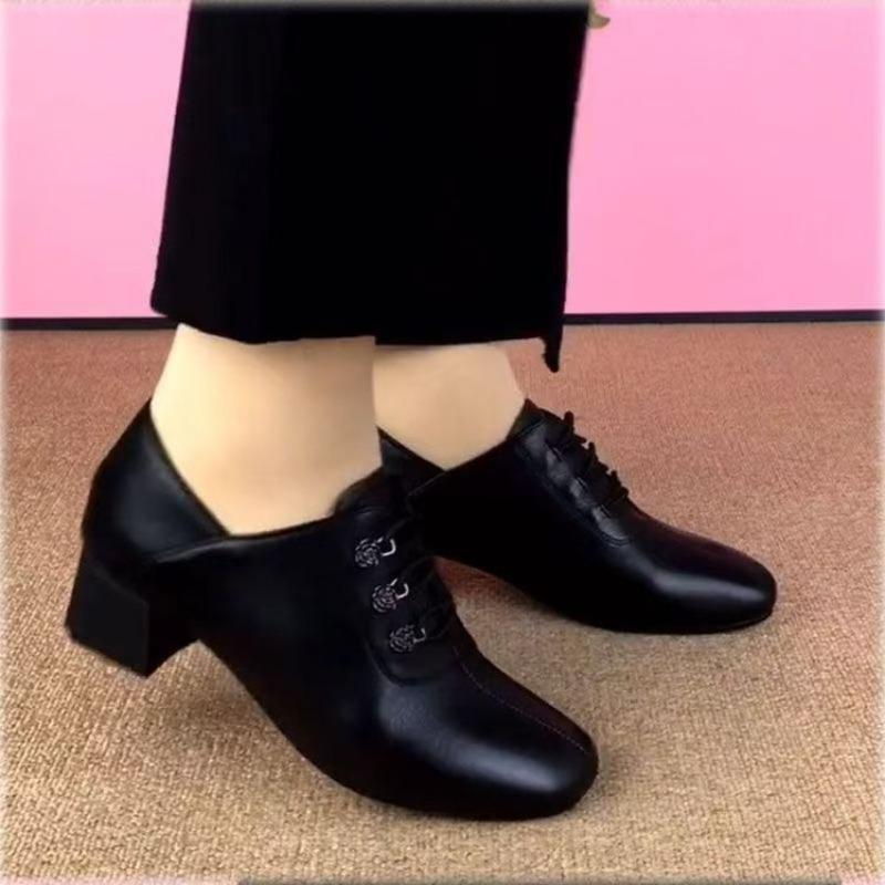 Fashion Thick Heel Single Shoes Women's Autumn New Versatile Soft Sole Women's Shoes Medium Heel Leather Shoes Dance Shoes Women