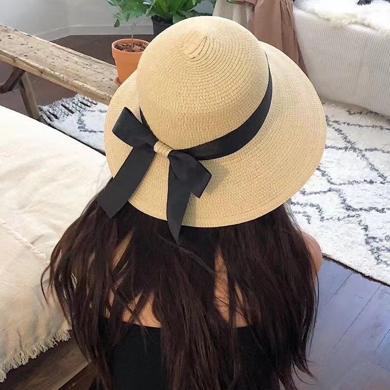 Elegant Hepburn Women Beach Sunshade Sun Hat  Summer Retro Sunscreen Hat Bow Fisherman Hat