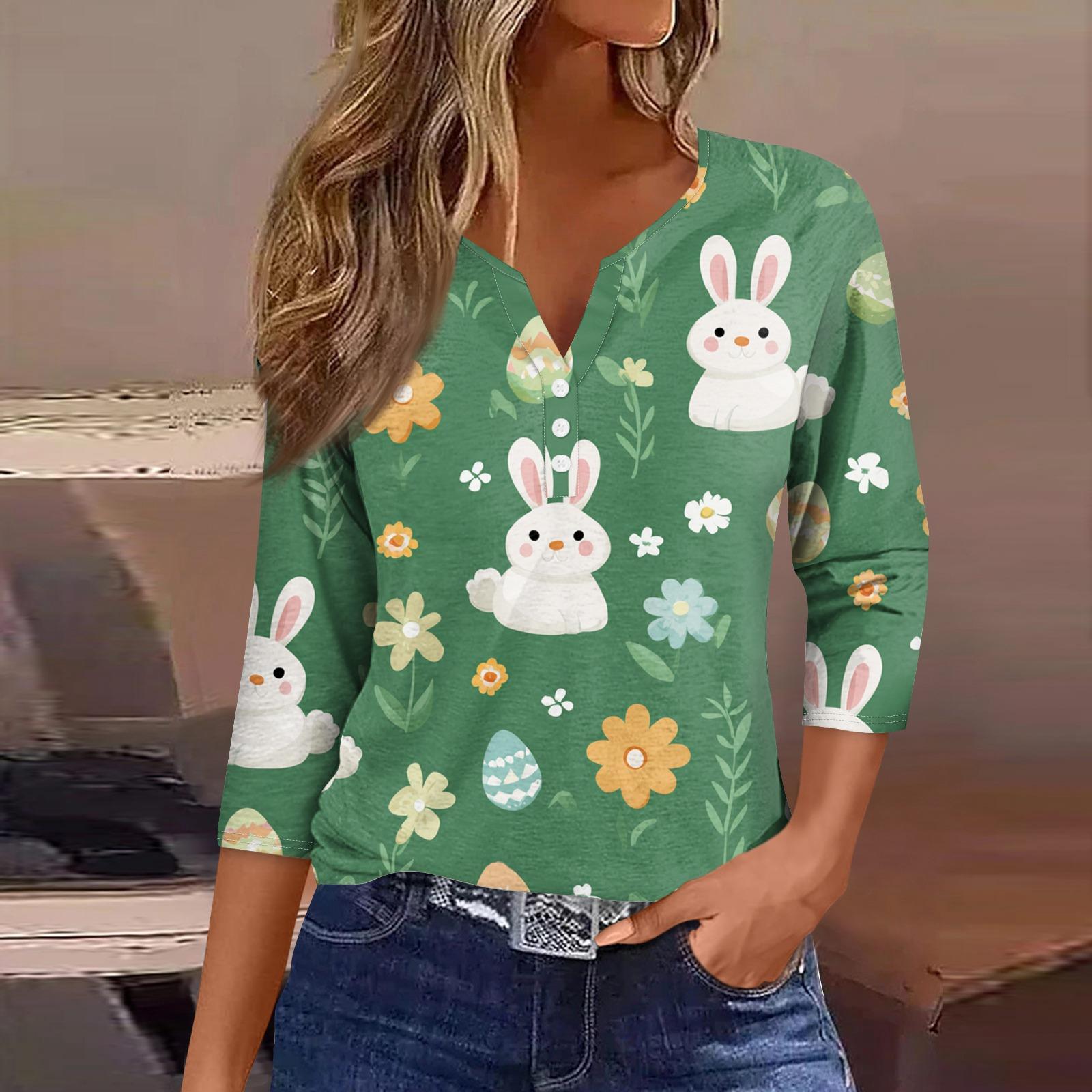 

Women s Fashion Casual Easter Printed V-neck Short Sleeve Decorative Button Seven Sleeve T-shirt Top S зелений