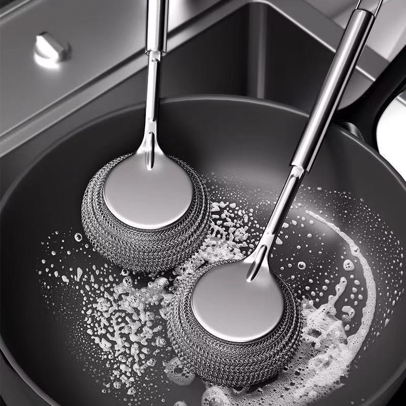 Stainless Steel Wire Dishwashing Brush with Long Handle - Durable, Non-Shedding Pot Scrubber for Kitchen Cleaning