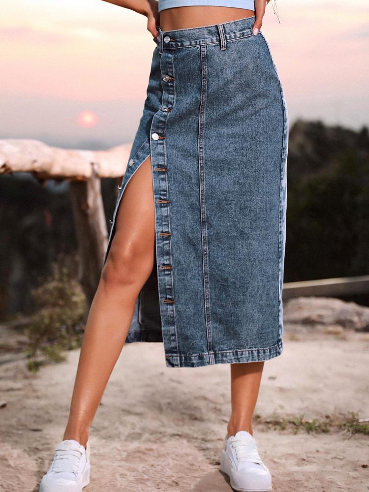 Sexy Streetwear Button Women Skirt Autumn Winter Elegant Denim Skirt Female High Waist Casual Bodycon Long Skirts