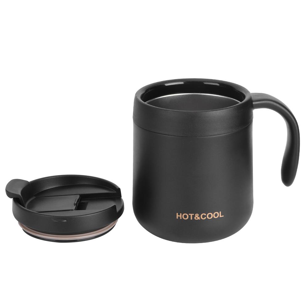 Doppelwandige Edelstahl Vakuumisolierte Kaffeebecher Tasse mit Henkel für Zuhause Büro Schwarz 350ML