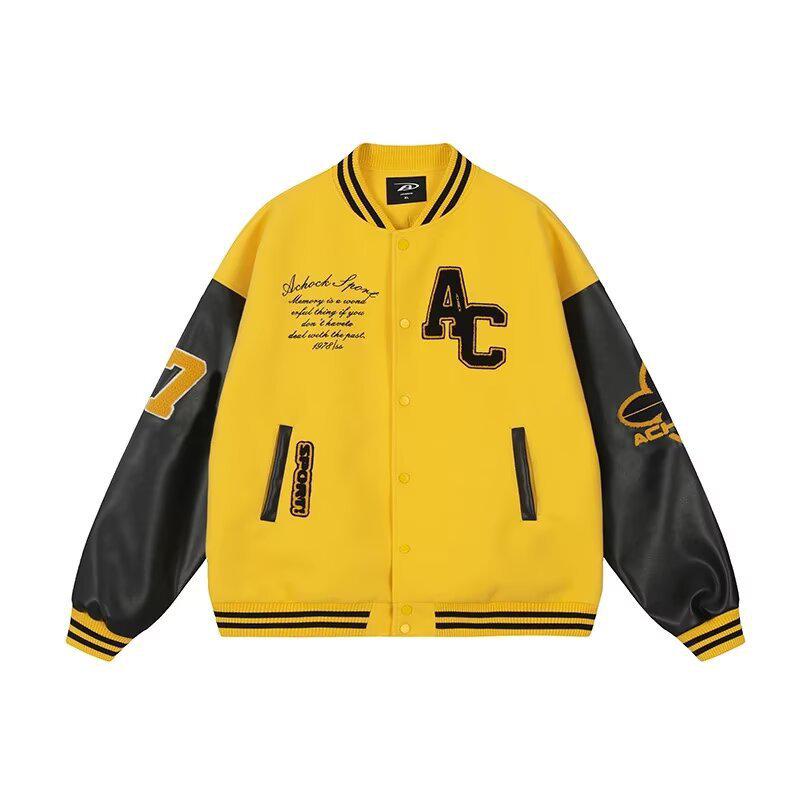 

Retro Color Block Varsity Jacket with Towel Embroidery – Trendy & Versatile Bomber Style L жовтий