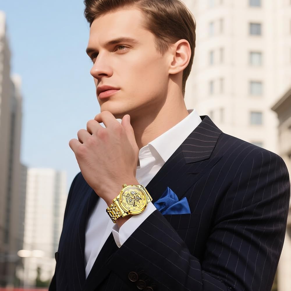 OLEVS Automatic Skeleton Men's Watch Gold Band Gold Dial Luxury Waterproof Mechanical Dress Watch