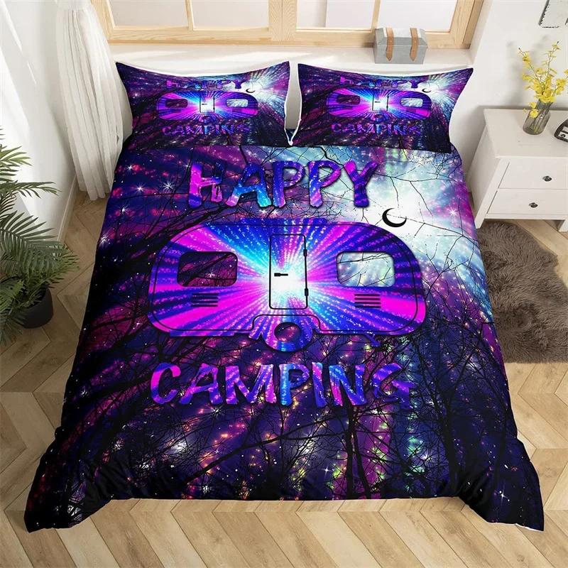 Western Cowhide Duvet Cover King Size Happy Camping Bedding Set Polyester Farmhouse Style Comforter Cover For Travel Rv Bunk Bed