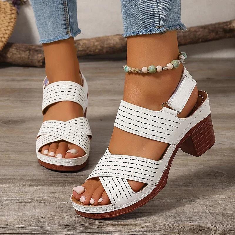 Fashion 2025 Summer New Thick High Heel Sandals Women's Cross Band Fashion Beach Sandels Hook Loop Anti-Slip Platform Sandalias De Mujer