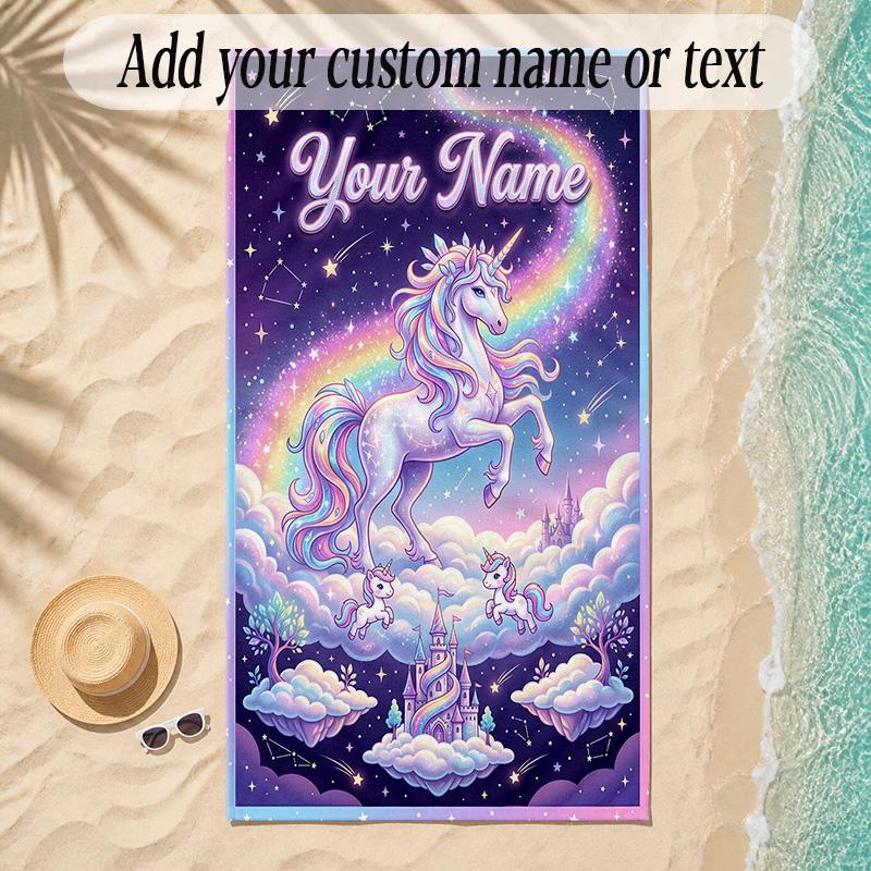 Unicorn Theme Soft Beach Towel Personalized Custom Name Text Towel Portable for Beach Pool Travel