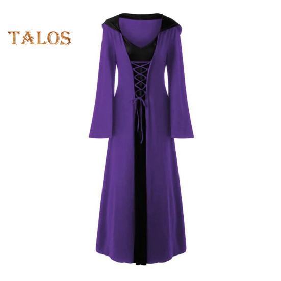 Damska sukienka cosplay w ciemnym stylu na imprezę halloweenową, kostium czarownicy, sznurowany pasek, kaptur, dopasowane kolorystycznie, długie rękawy, sukienka o linii A