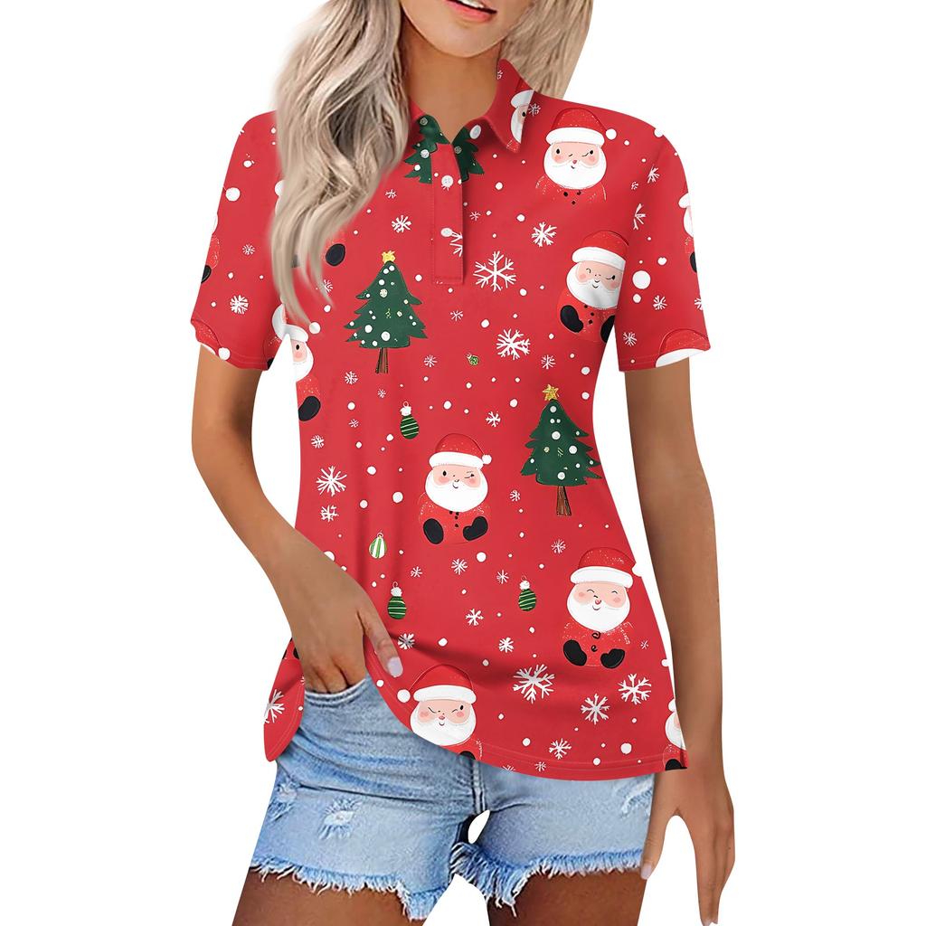 Dámská móda Ležérní klopa Krátký rukáv Vánoční potisk Košile Dámské knoflíkové topy