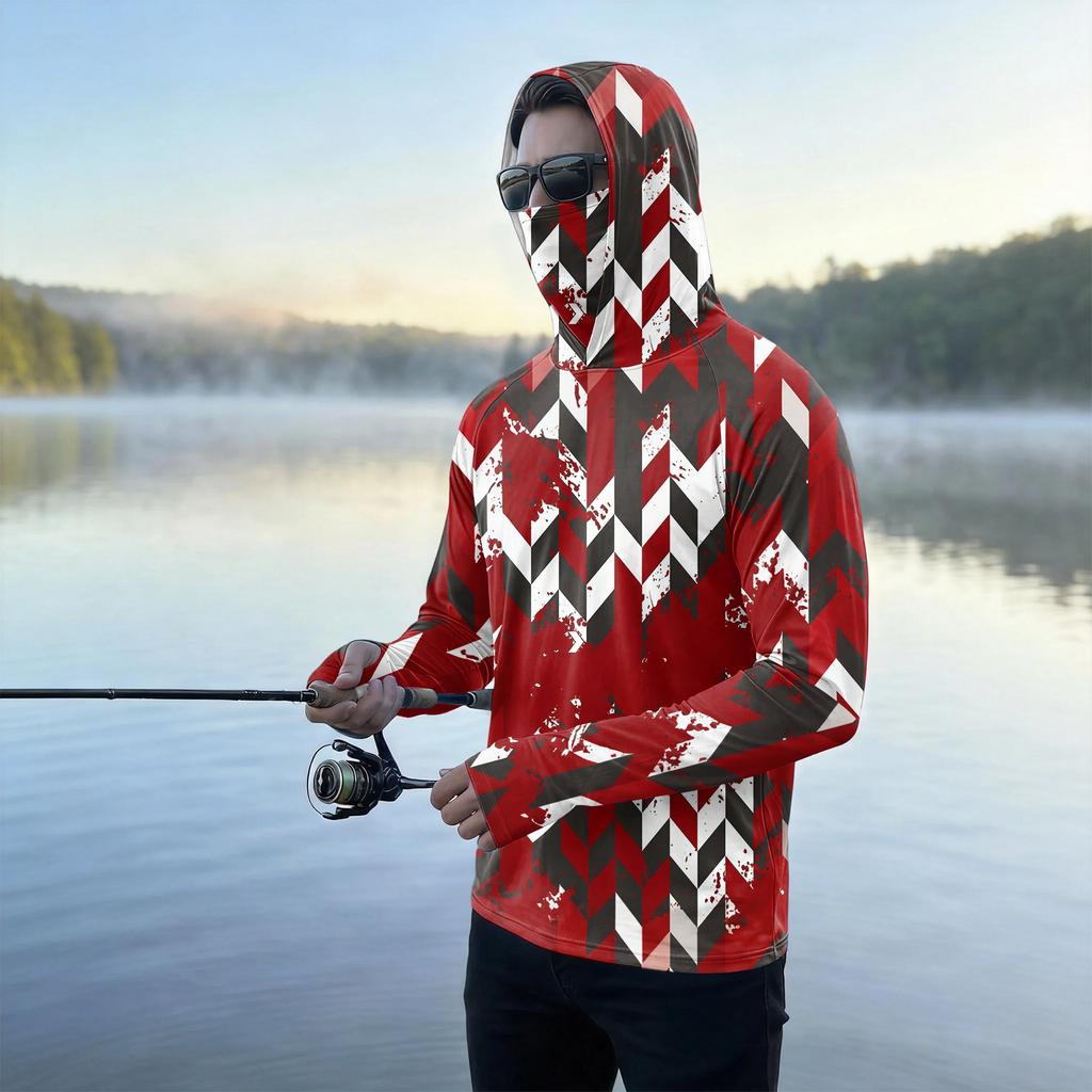 Men's Casual Outdoor Hooded Long Sleeve Sun Protection Shirt Lightweight Breathable Striped Printed Pullover Top for Sports Hiking Fishing