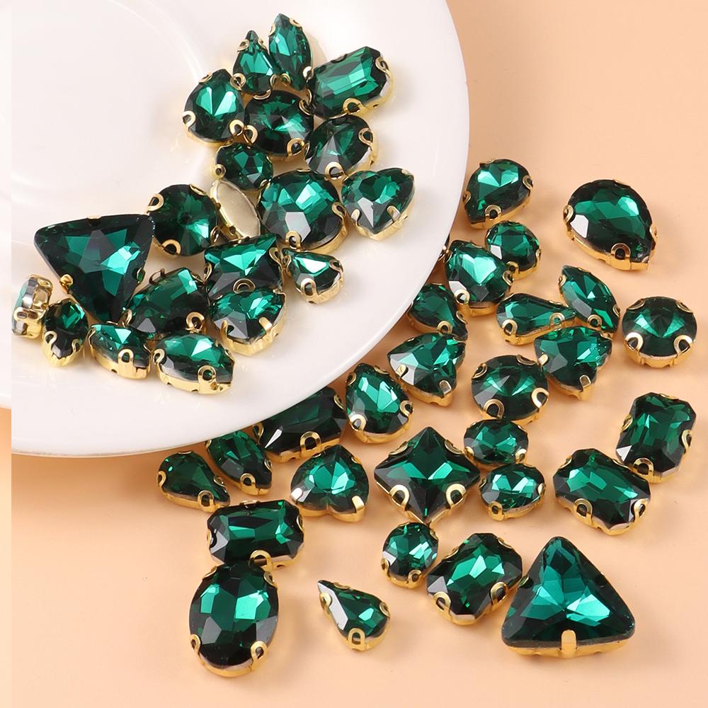 Mixed size glass rhinestone with claw cut diamond on stone bar, K gold base metal crystal, used for embroidery 50 pieces/pack