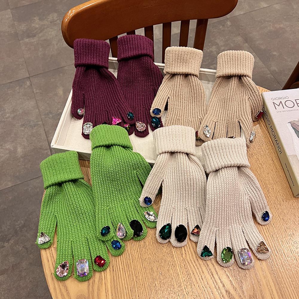 Women Winter Warm Knitted Full Finger Gloves Solid Wool Luxury Rhinestone Touch Screen Mittens Female