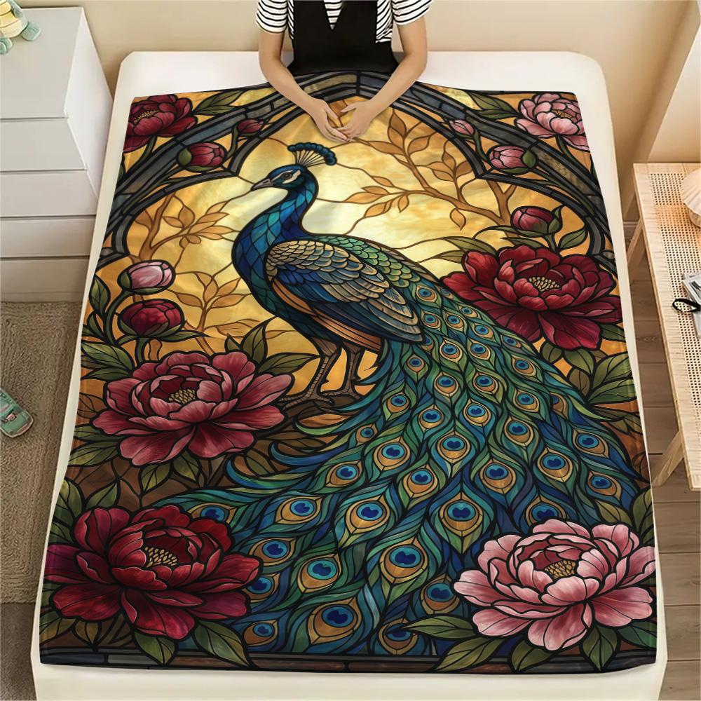 1PC Peacock and Peony Print FlAannel Blanket, High quality Comfortable for All Seasons, Home Decor, Warmth and Comfort